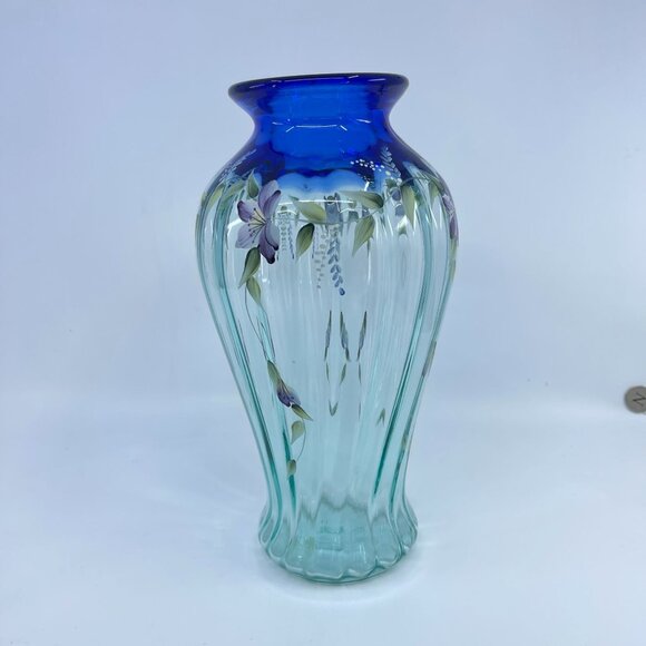 vintage fenton 1999 family series "tranquility" vase ribbed optic hand painted - Picture 3 of 8
